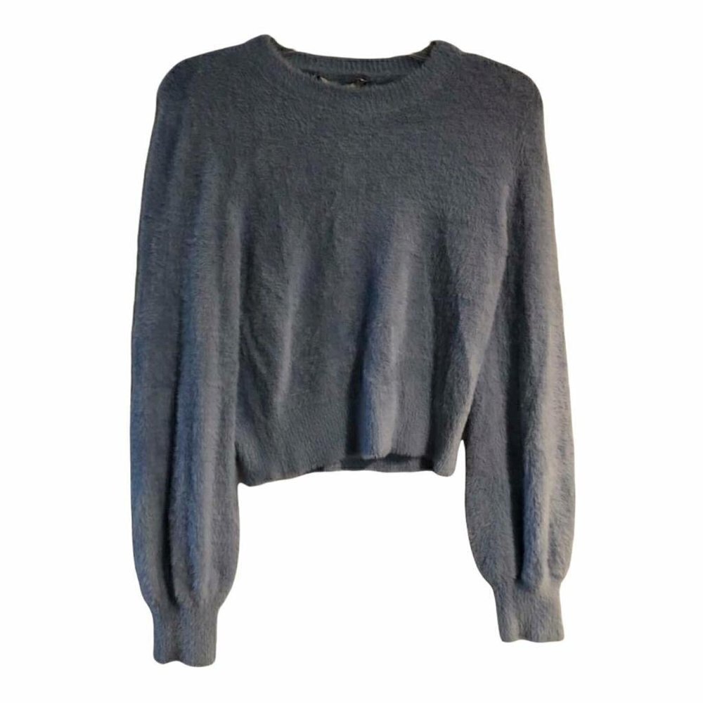 WAYF Crop Fuzzy Fur Sweater Puff Sleeve 90s Light Blue Size S NWT #3641-3